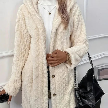 Women's Cozy Fleece Hooded Cardigan Jacket – Soft Button-Down Coat with Pockets