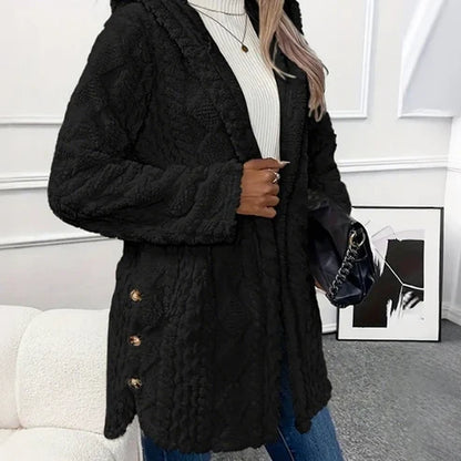 Women's Cozy Fleece Hooded Cardigan Jacket – Soft Button-Down Coat with Pockets