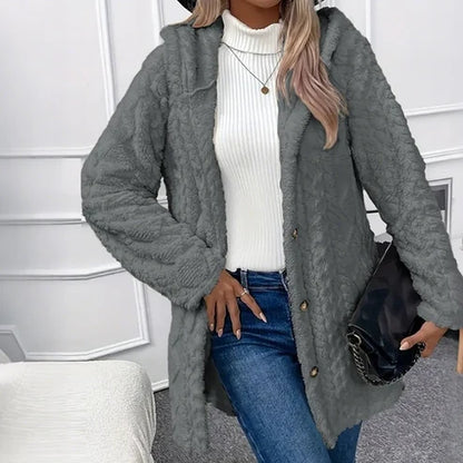 Women's Cozy Fleece Hooded Cardigan Jacket – Soft Button-Down Coat with Pockets
