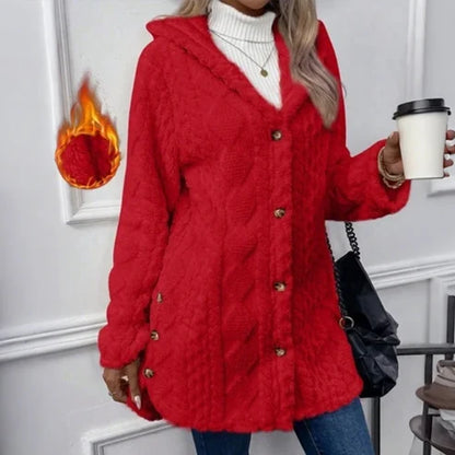 Women's Cozy Fleece Hooded Cardigan Jacket – Soft Button-Down Coat with Pockets