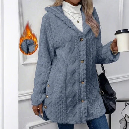 Women's Cozy Fleece Hooded Cardigan Jacket – Soft Button-Down Coat with Pockets